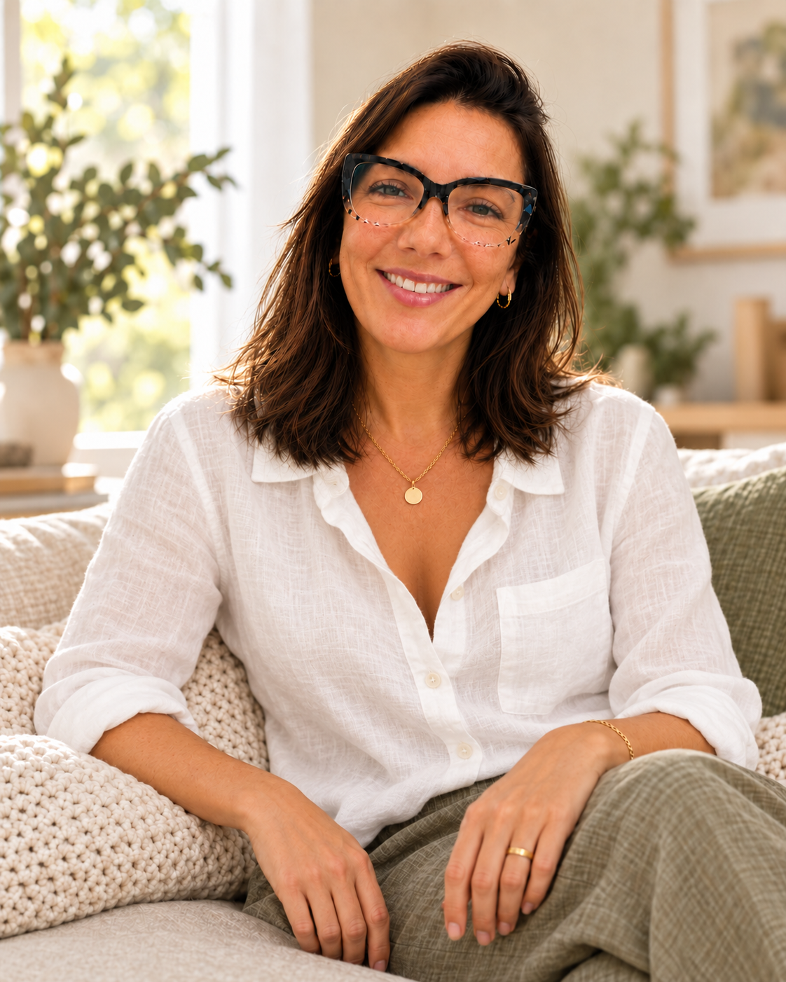 Tania Turelli con una camisa blanca, en un retrato natural y cercano